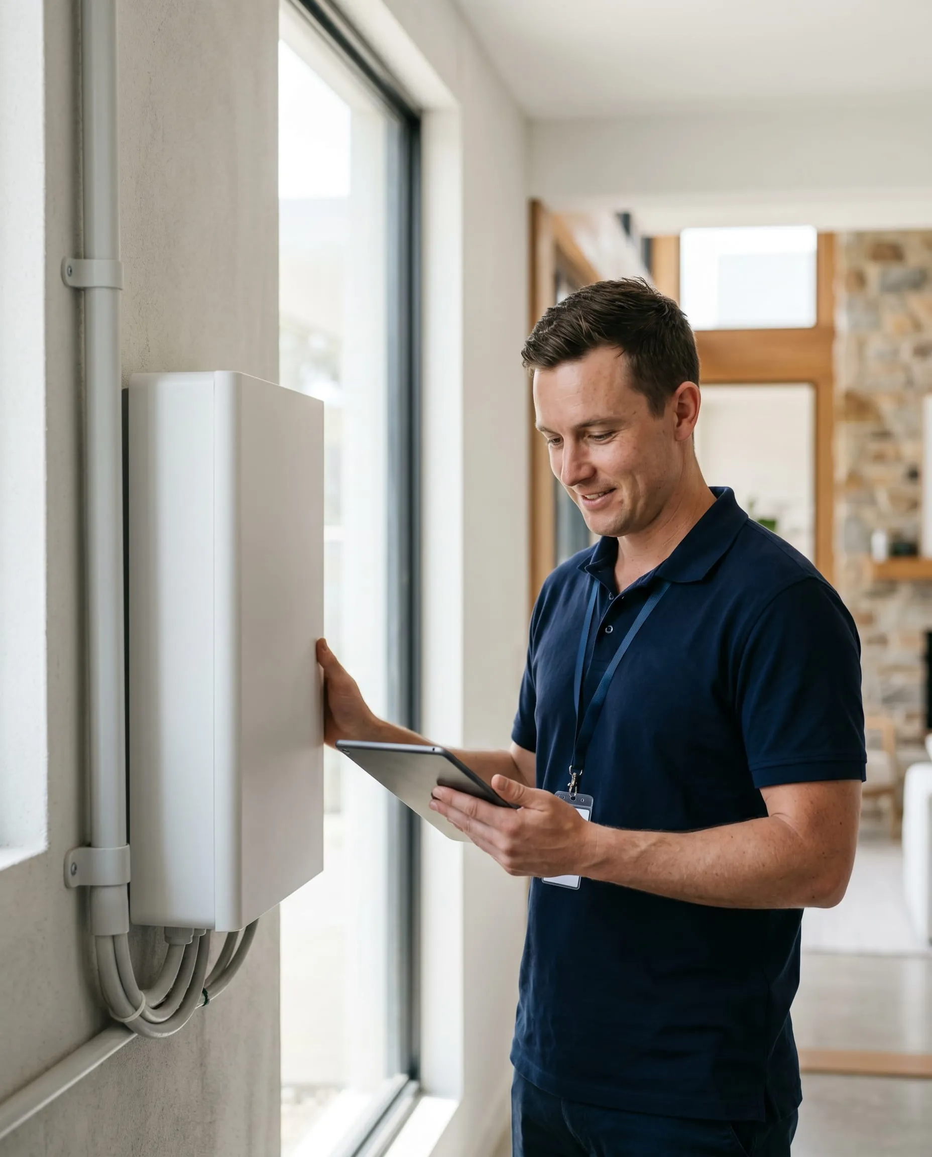 Solar Battery Solutions installer checking a home battery in a modern Adelaide home
